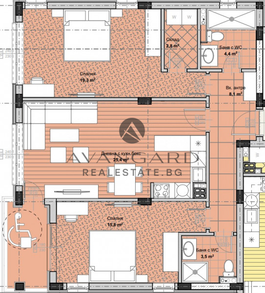 Spacious two -bedroom / new luscous building /