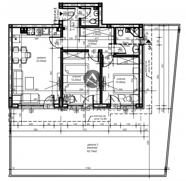 Three-room apartment with a yard